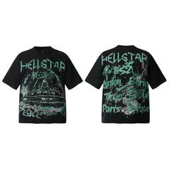 HELL Hell's Star Short Sleeve Trendy Brand American High Street Vintage Summer Couple Dress Men's and Women's Half Sleeve T-shirt (9)