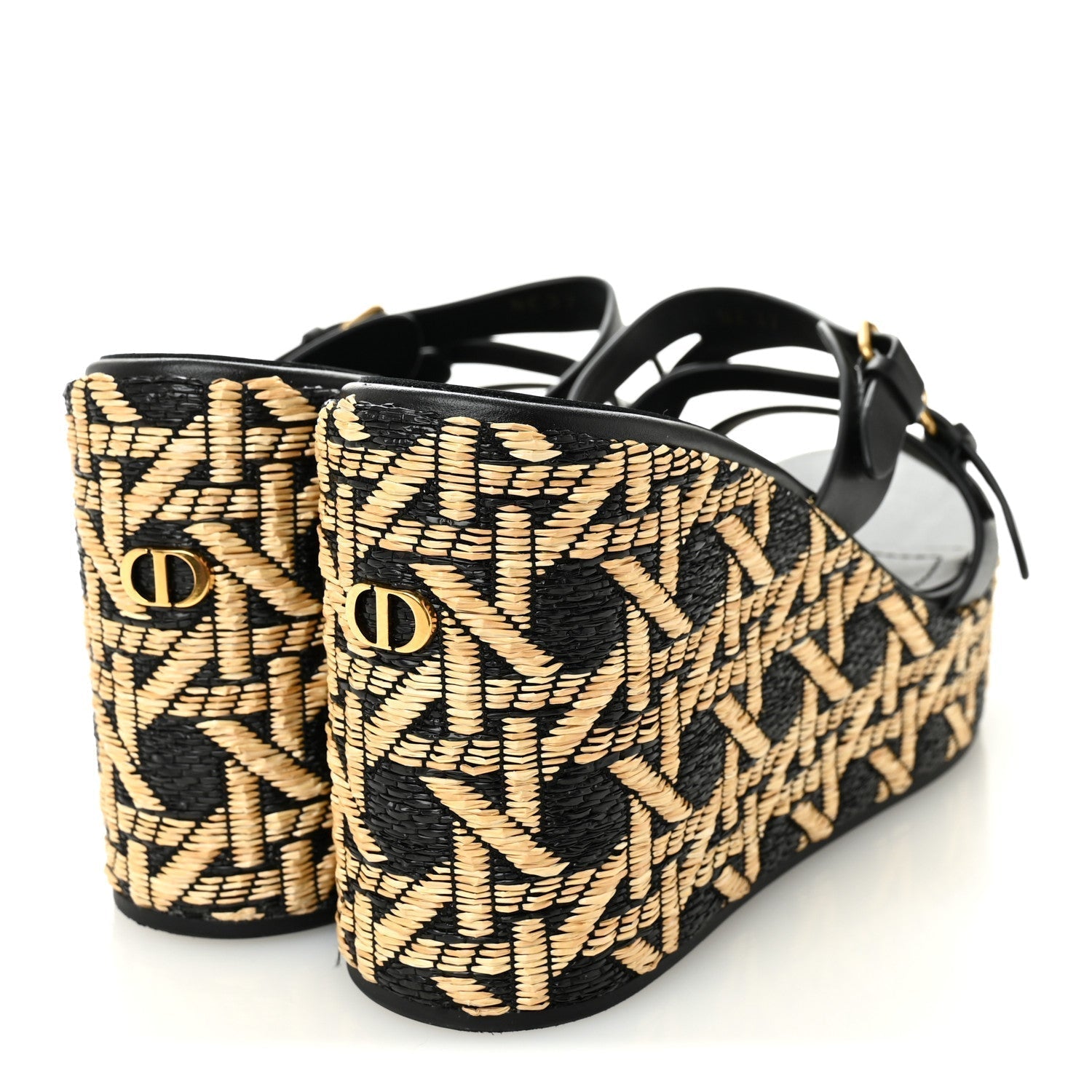 Raffia Calfskin L'Amazone Wedge Sandals 37 Black Natural