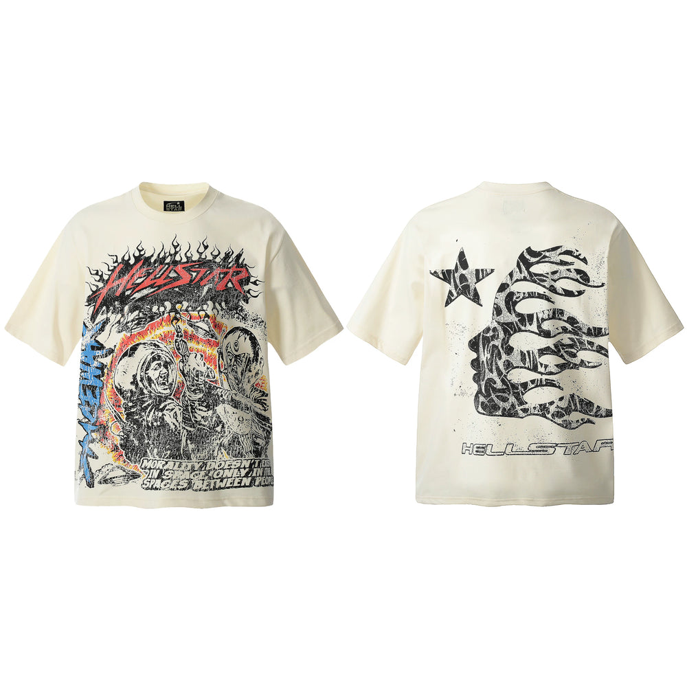 HELL Hell's Star Short Sleeve Trendy Brand American High Street Vintage Summer Couple Dress Men's and Women's Half Sleeve T-shirt (16)