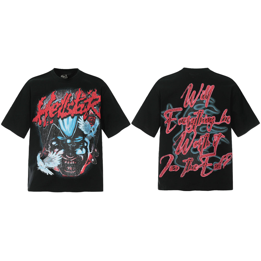 HELL Hell's Star Short Sleeve Trendy Brand American High Street Vintage Summer Couple Dress Men's and Women's Half Sleeve T-shirt (20)