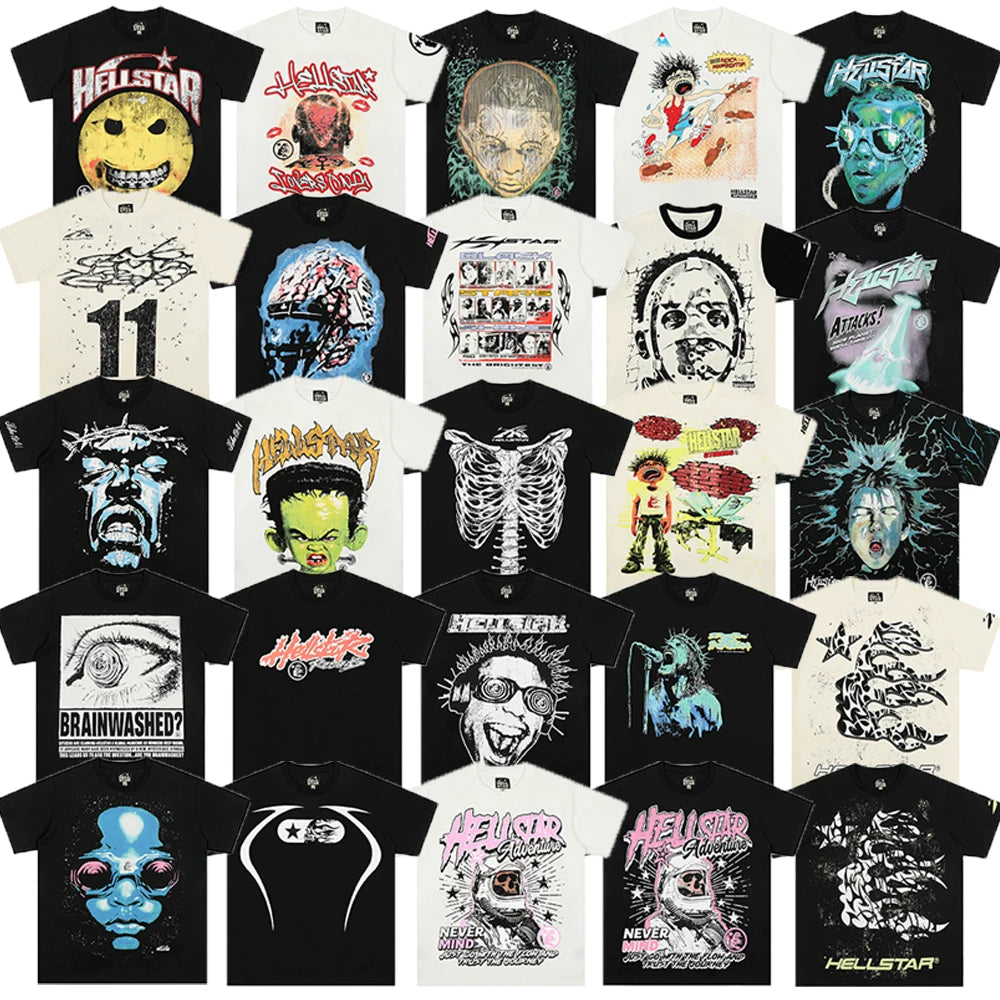 European and American style heavyweight HELLSTAR Hell Star short sleeved men's trendy brand digital graffiti Vintage women's loose T-shirt (10)